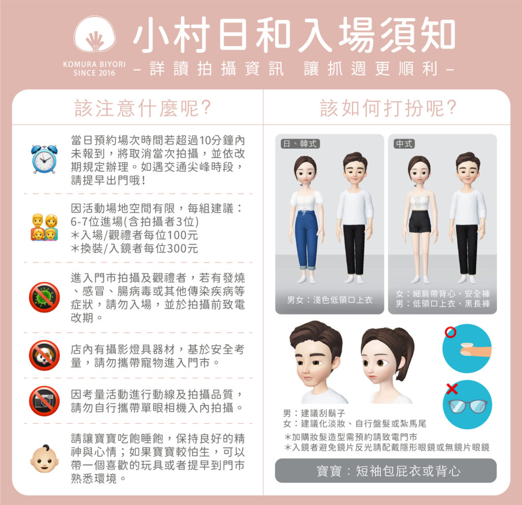 小村日和入場須知資訊圖，包含拍攝注意事項、服裝穿搭建議（日式和中式風格），適合寶寶與家長的穿著指南，禁止攜帶過量行李及攜帶危險物品進入，方便顧客拍攝抓周活動前準備及到訪規劃。